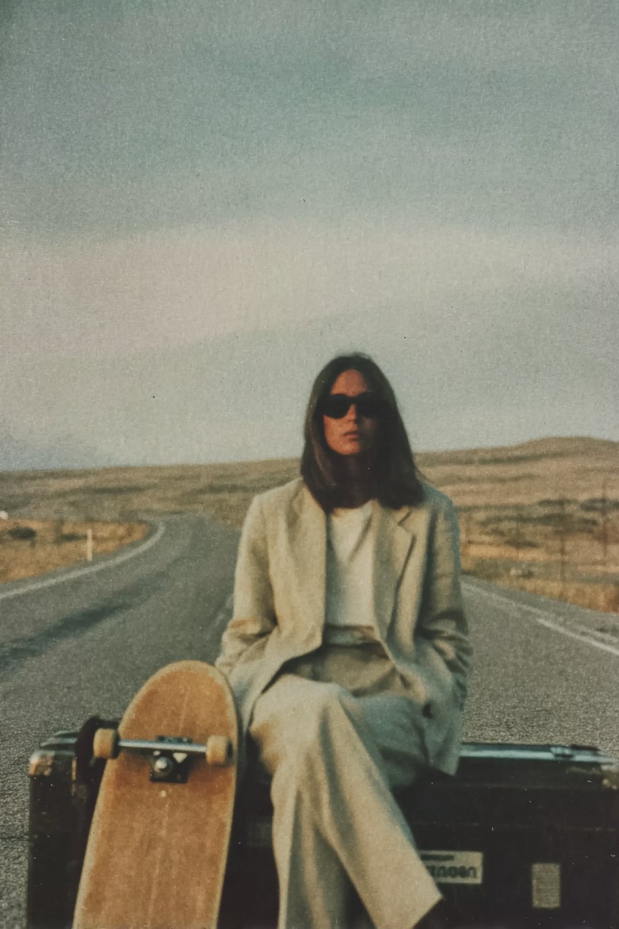 A woman in a beige suit sitting on a vintage trunk on an open road